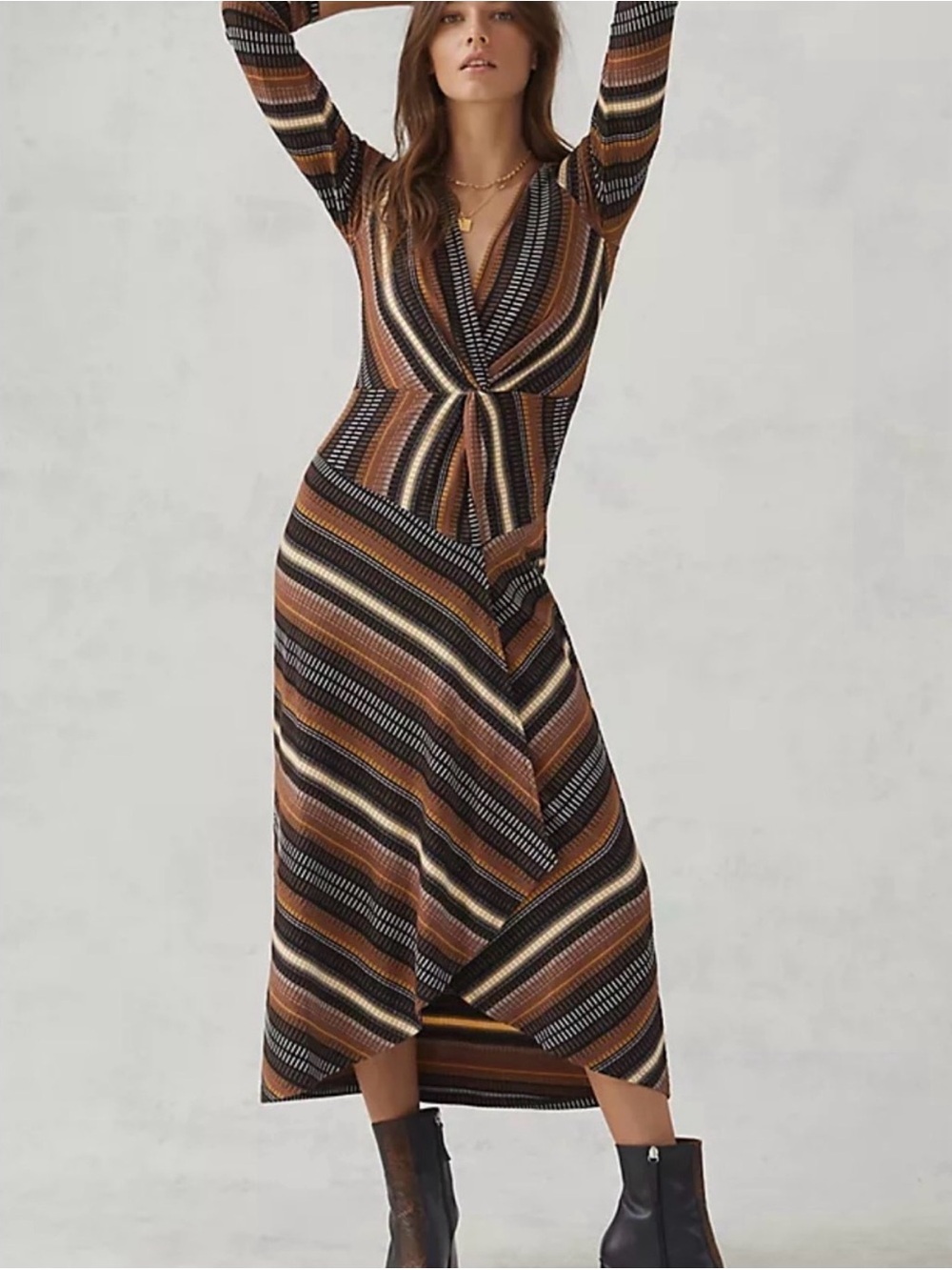 Maeve Anthropologie Stripped Knot Front Wrap Midi Dress Boho Brown S Fall Colors
